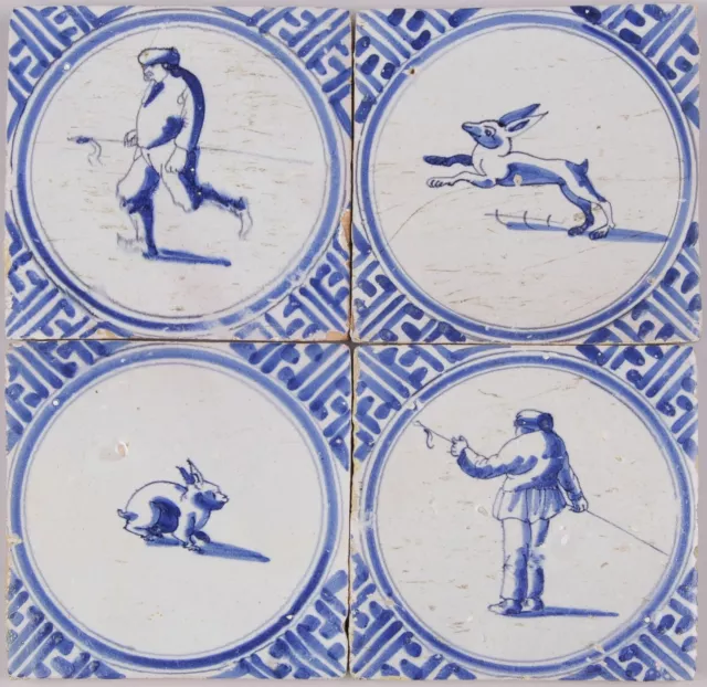 Nice set of 4 Dutch Delft Blue tiles,animals & figures,first half 17th. century.