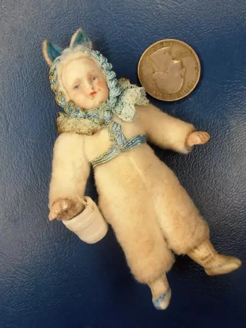 Antique German Bisque Girl Doll Rabbit Bunny Dollhouse Miniature
