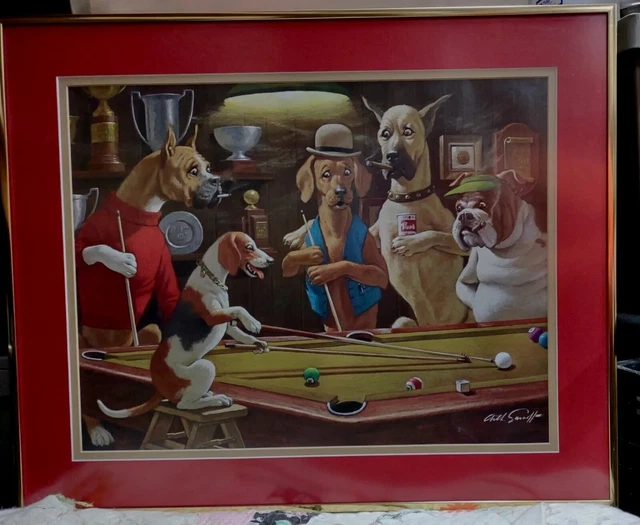 Art lithograph dogs playing pool Custom brass framed 22x18 signed Arthur Sarnoff