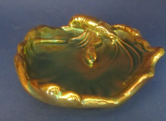 VILMOS ZSOLNAY PECS Hungary Eosin Iridescent Gold Green Lobster Pin Tray tbe