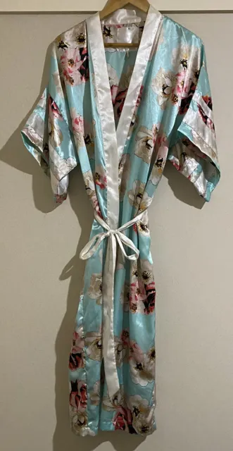 COTTON ON Size 14-16 Robe Wrap Green Pink BeigeFloral Satin Feel White Belt Long