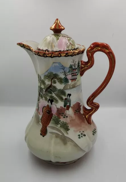 Vintage Japanese Kutani Moriage Geisha Women Scenic Porcelain Tea Pot w/ Gold