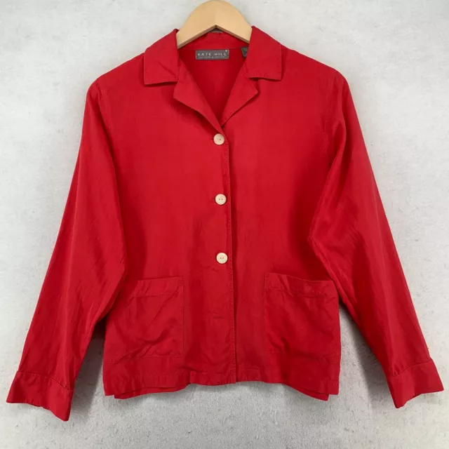 KATE HILL FOR LORD & TAYLOR Shirt S Silk Button Front Collared Long Sleeve Red