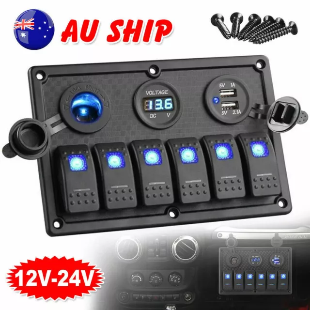 6 Gang 12V Switch Panel LED Rocker Car RV Boat Marine Circuit Breaker Waterproof