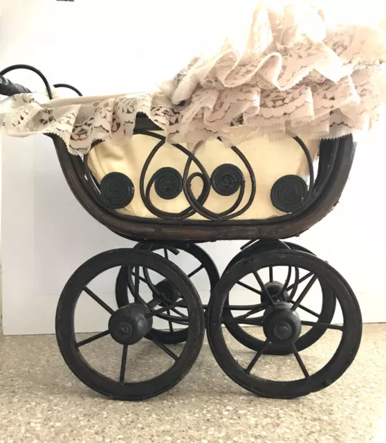 Small Doll Stroller Antique replica 13” Long Doll Carriage Wood  Metal Lace