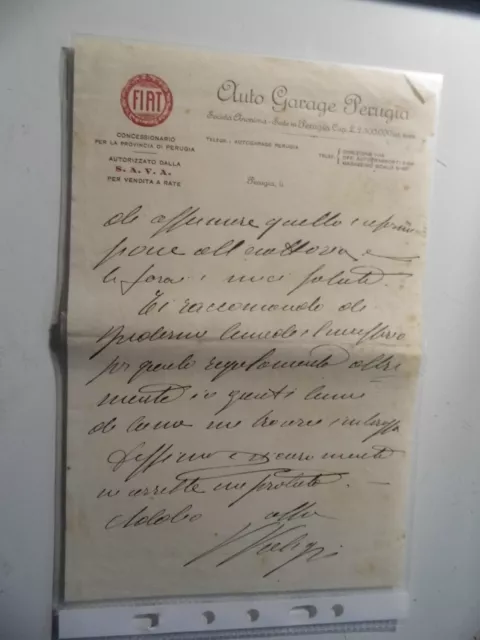 Lettera manoscritta "AUTO GARAGE PEUGIA" Anni 1940