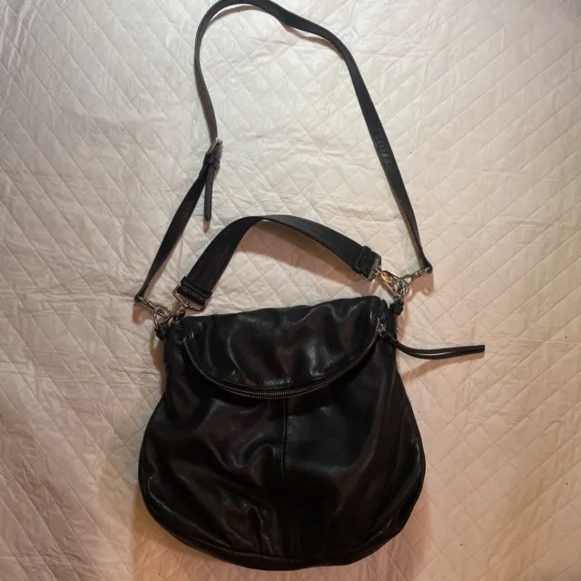 Margot Natalie Soft Black Pebbled Leather Fold Over Hobo Purse Convertible Bag