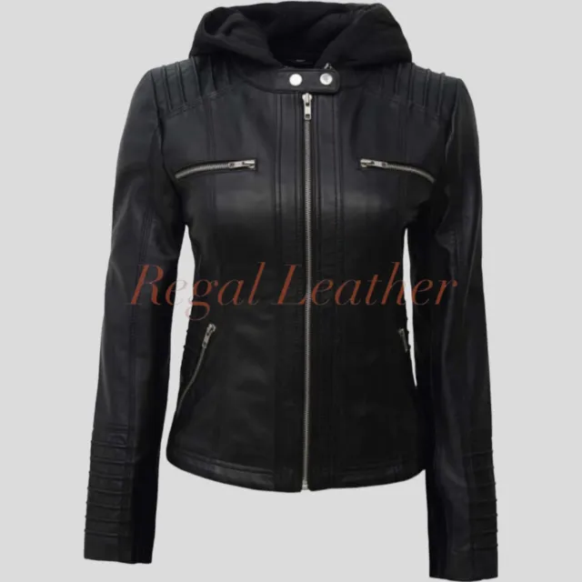 Women's Black Biker Motorcycle Stylish Detach Hoodie Real Black Leather Jacket