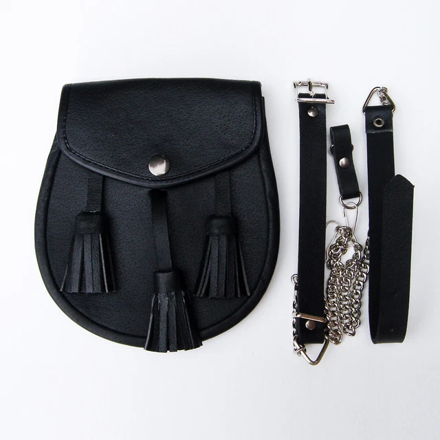 Scottish Black LEATHER Kilt SPORRAN and Belt 3 Tassels