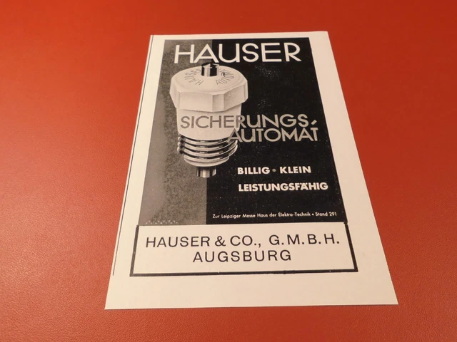 HAUSER & CO. GmbH Augsburg, HAUSER Sicherungs - Automat :Werbeanzeige 1934