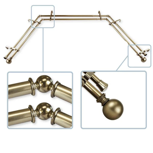 EMOH 13/16" Dia Adjustable 20"-36", 38"-72" Bay Window Double Curtain Rod  BRASS