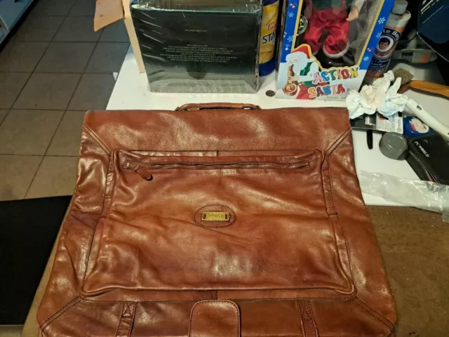 LAND Vintage Brown Leather Garment Suiter Bag Luggage Carry On Travel RARE