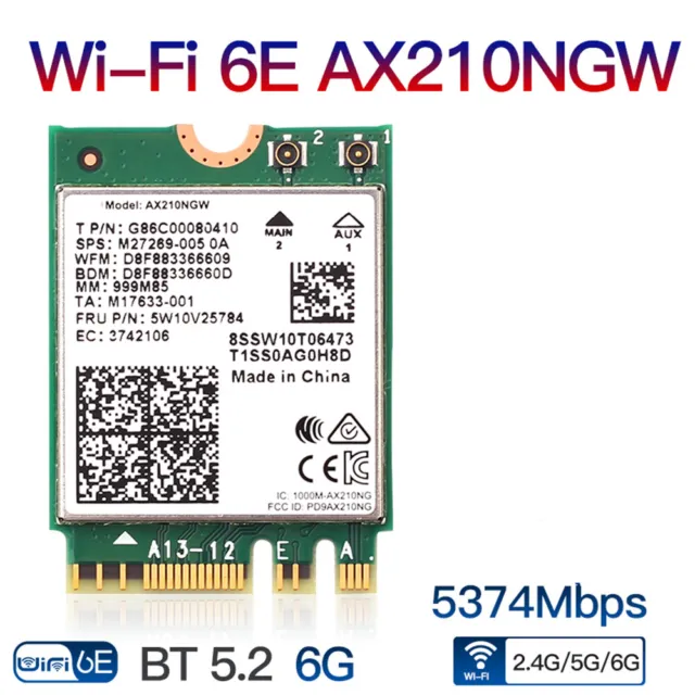 Wireless AX210 NIC, Gigabit Tri-Band Wi-Fi 6E, 802.11AX Standard, Bluetooth  5.2, AX210 NGW WiFi Card, MU-MIMO NGFF (M.2 A/E Key) Interface,Support