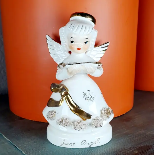 Vintage Napco June Wedding Birthday Angel Figurine w/Rings Spaghetti Trim #1294