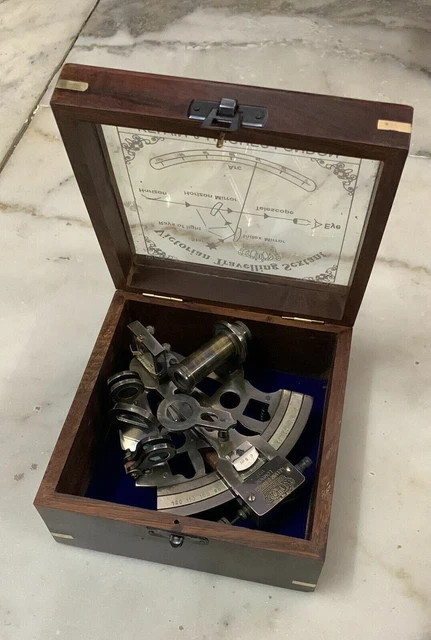 Vintage Nautical Antique Maritime Brass 4" Sextant Astrolabe W/Wooden Box