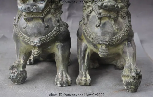 8" chinese bronze fengshui Ward off evil foo dog lion Guardian beast statue pair 3