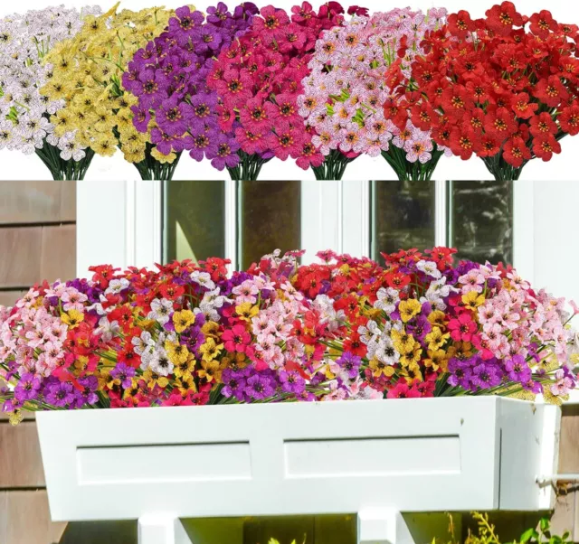 24 Bundles Artificial Flowers Fake Outdoor UV Resistant Plants Shrubs Decor NEW