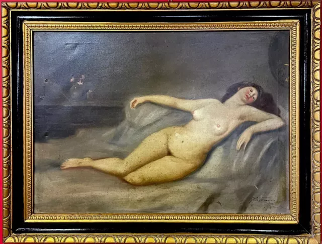 quadro antico dipinto a olio su tela firmato ritratto nudo di donna con cornice