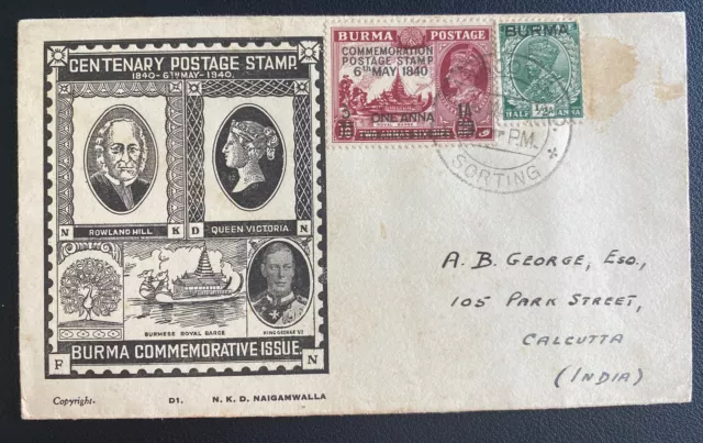 1940 Rangoon Burma First Day Censored Cover To Calcutta India Centenary Postage