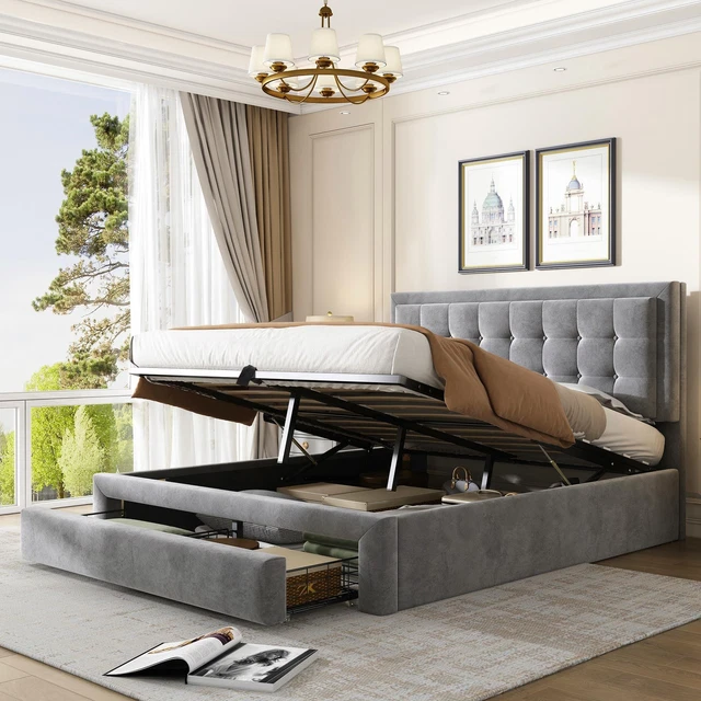 VELVET UPHOLSTERED DOUBLE Bed with Storage 4ft6 Slats and Headboard