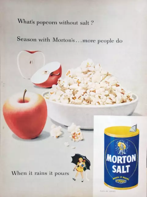 Morton Salt 1952 Vtg PRINT AD 10.5x13 When It Rains It Pours Popcorn Apple