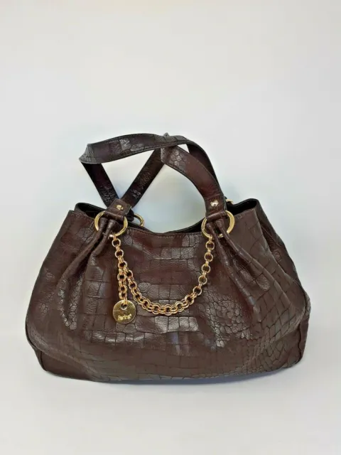 Perlina Brown Leather Croc Embossed Tote Purse Bag