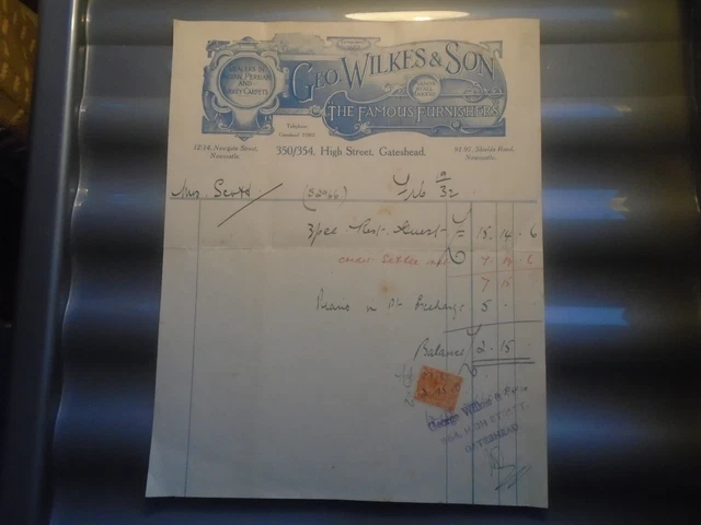 c1900 Gateshead Illustrated Billhead Geo Wilkes Famous Furnishers Persian Carpet