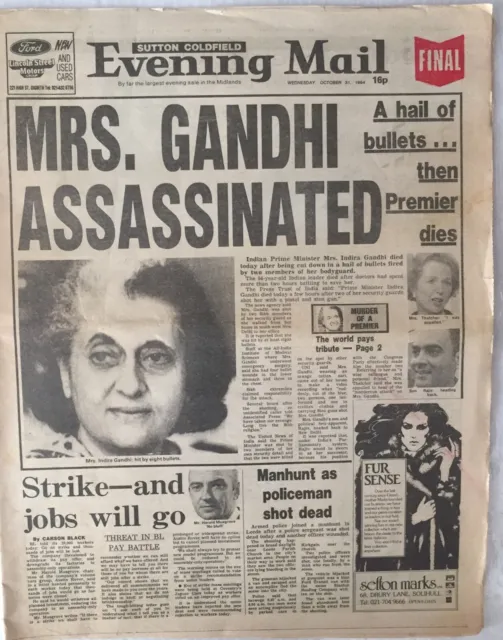 INDIAN PM INDIRA GANDHI ASSASSINATED (Sutton Coldfield) Evening Mail 31/10/1984