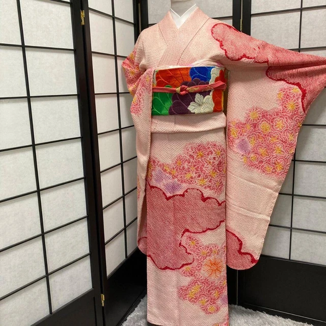 6698# Japanese kimono Vintage Pure Silk Robe Traditional Furisode Pink