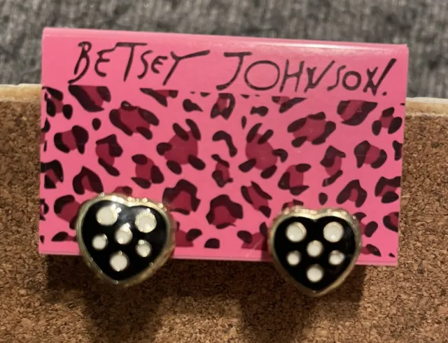 NEW Betsey Johnson Black And White Heart Crystal Accents Earrings