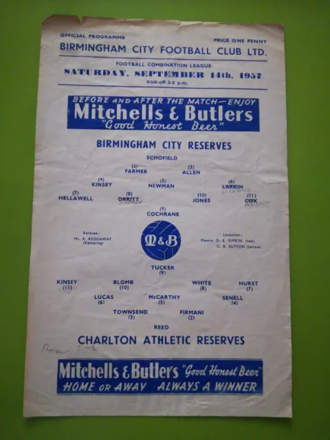 Birmingham v Charlton Reserves Combination football programme. 14.9.1957