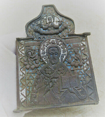 A57 Beautiful Late Medieval Bronze And Enamelled Religious Icon. 1600 Ad. Coa