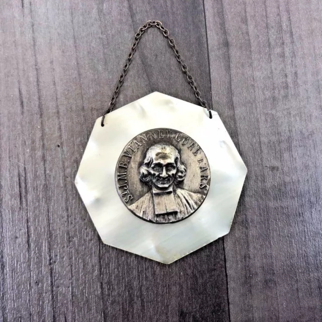 Religious Medal Tag Large St J.M.B Vianney Cure D'ars  On Faux Pearl Back +Chain