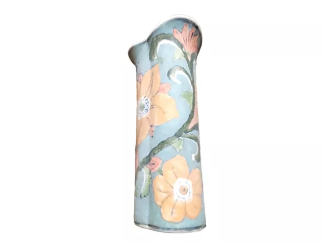 Vintage Textured Pastel Blue Floral Vase Art Deco Pottery 8in Scalloped Design
