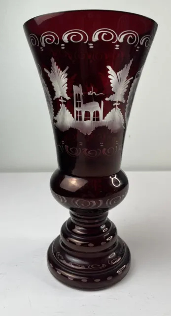 Antique Egermann Bohemian Czech Ruby Red Cut to Clear Glass Etched Vase