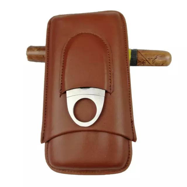 Travel Portable Leather Cigar Holder 3 Cigars Case Tube + Cigar Cutter