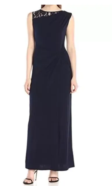 Ellen Tracy Women's Lace Insert Side Knot Gown Sleeveless Navy Dress Sz 14 $168