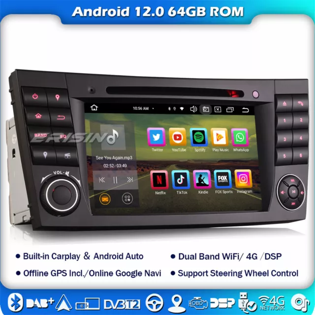 8-cœurs CarPlay Android 12 Autoradio GPS DAB+FM Mercedes CLS/G/E Class W211 W219