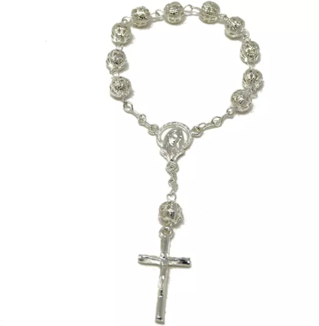 1 Decennio Metallo Argento Filigrana Rosari Piccolo 11cm IN Tub Cattolica Regalo