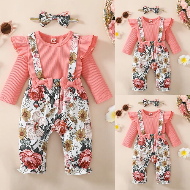 Newborn Baby Girls Floral Ruffle Tops Pants Clothes Set Jumpsuit Romper Outfits