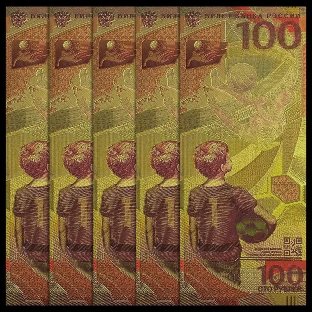 Lot 5 PCS, The 2018 Russia FIFA World Cup, 100 Fancy Note, Color Gold bill, UNC