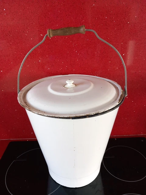 Vintage 11.5" White Enamel Lidded Bucket /Black Trim.Garden Bucket.Used.
