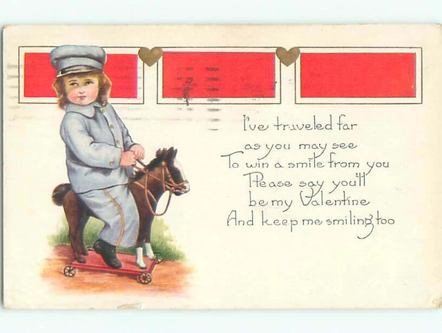 Pre-Linen valentine DELIVERY BOY RIDES ON HORSE PULL TOY k5583