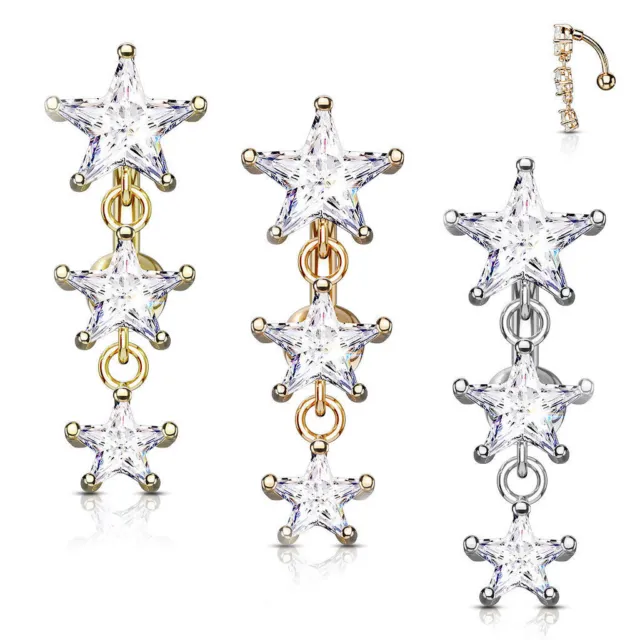 Belly Button Ring Reverse Design with Three Prong Set Star CZ Vertical Drop