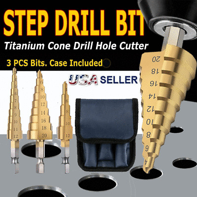 3PCS Titanium Step Drill Bit set, High Speed Steel HSS Quick Change 1/4" Shank
