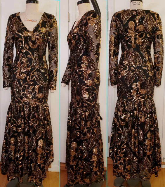 BEBE Dress Black & Gold Sequins Embroidered Mesh Glam Women’s Mermaid Gown Sz S