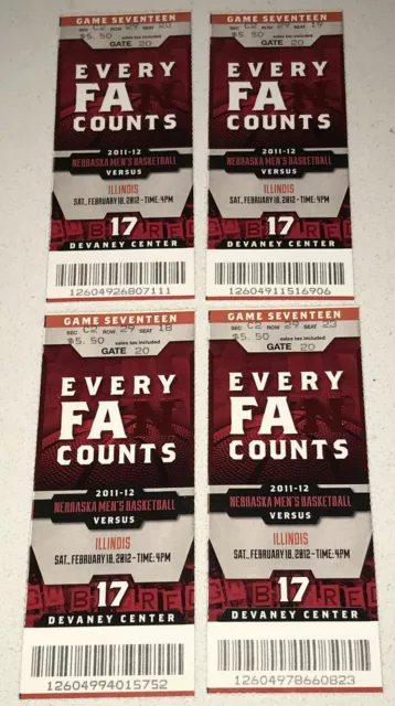 2/18/12 Nebraska Cornhuskers Illinois College Basketball Ticket Stub Lot x (4)