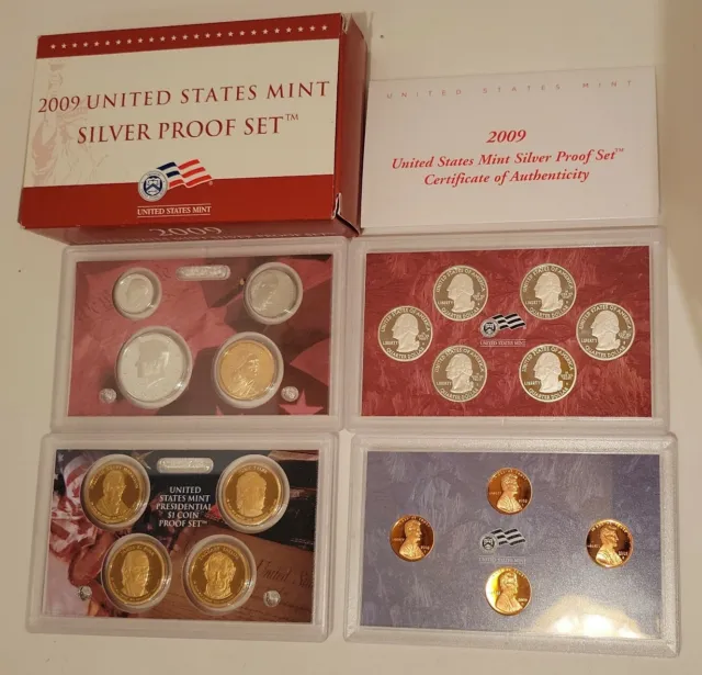 2009 UNITED STATES MINT SILVER PROOF SET  & COA 18 coins; 8 coins 90% silver