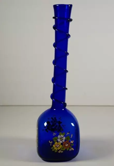 Spiral Glas Vase Kobaltblau mit Blumendekor Art Glas Handgemalt Emaille Vintage 3