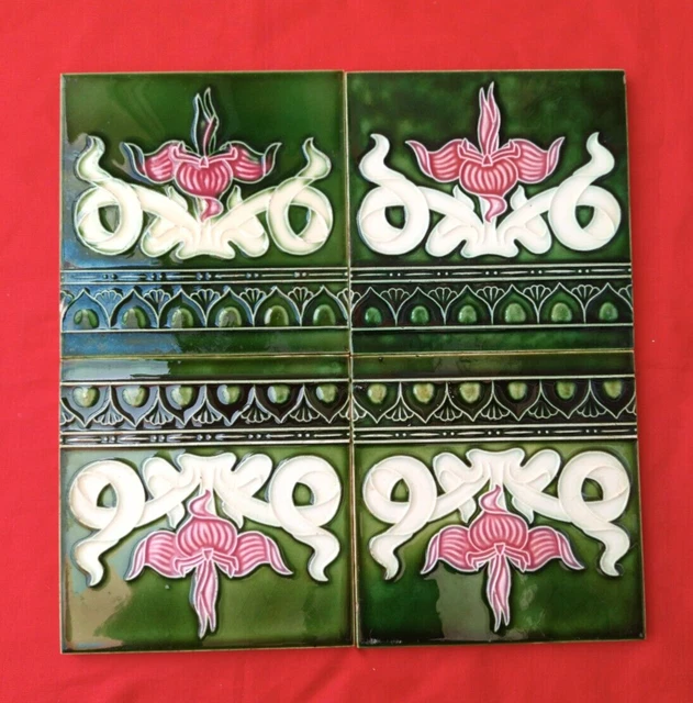 4 Piece Old Art Deco Floral Design Embossed Majolica Ceramic Tiles Japan 0107